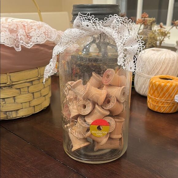 Vintage large Ball Glass Jar with Wooden Spools and Lace - Picture 2 of 6